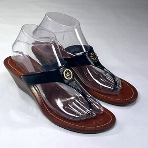 Tory Burch Cameron Sandals Womens 8.5 Blue Leather Thong Wedge Gold Logo Preppy